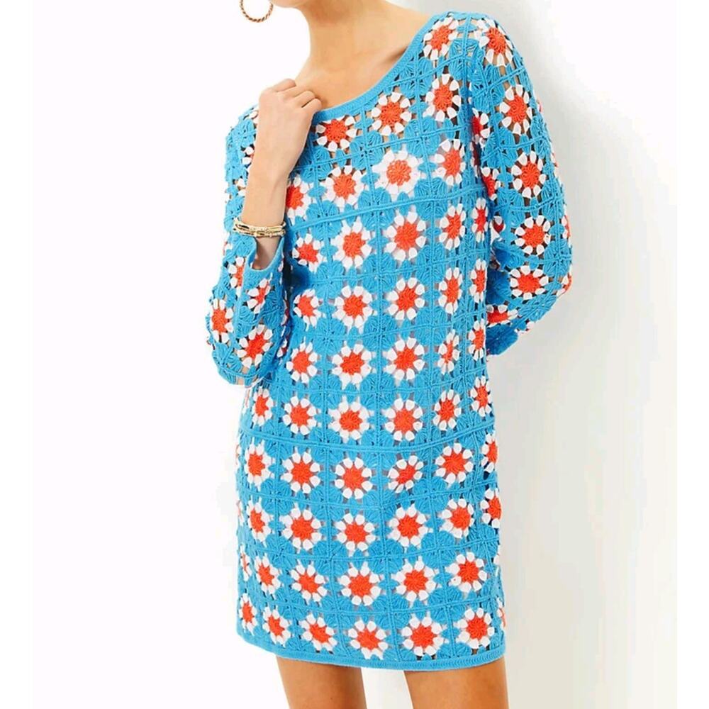 Lilly Pulitzer Miabella Crochet Dress XS Lunar Blue Floral Sweater Dress No Slip